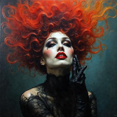 The primary subject of the image is a woman with red hair, wearing a black dress and makeup. She is posing for the camera with her hand on her face. The setting appears to be a dark room, and the visual style is a painting or drawing. The colors in the image are predominantly black and red, creating a dramatic and intense atmosphere.